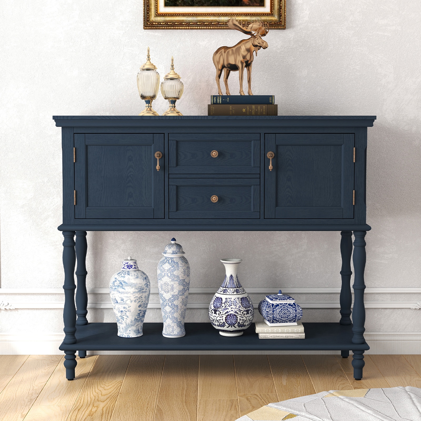 Retro Console Table With Storage, Narrow Entryway Table With 2 Drawers And 2 Door Cabinets, Long Sofa Table Behind Couch For Living Room, Foyer, Blue_maomaolike.com